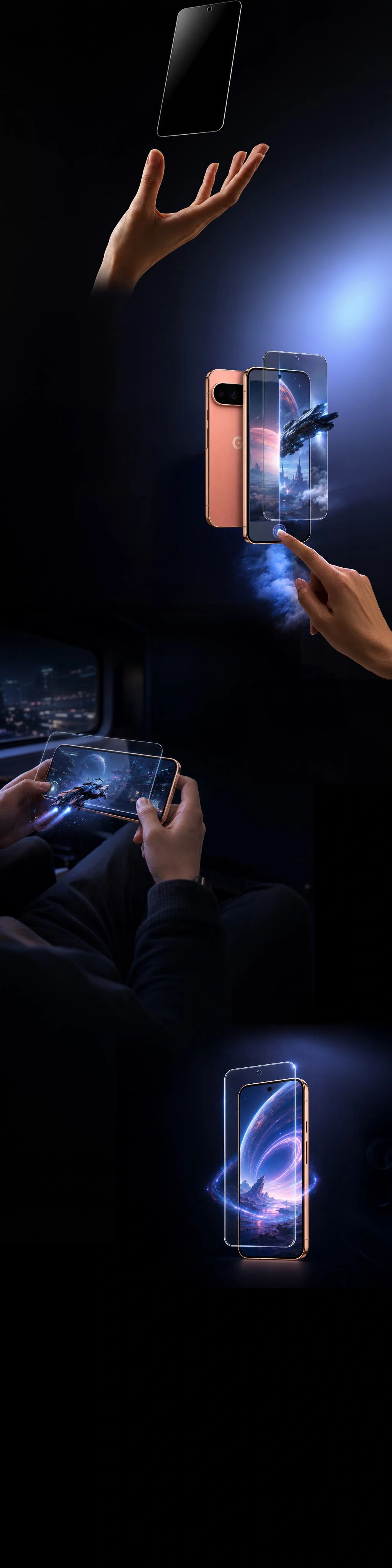 Optiqb screen protector floating above a hand, followed by a dimensional Pixel display, gaming on the go and a phone surrounded by light