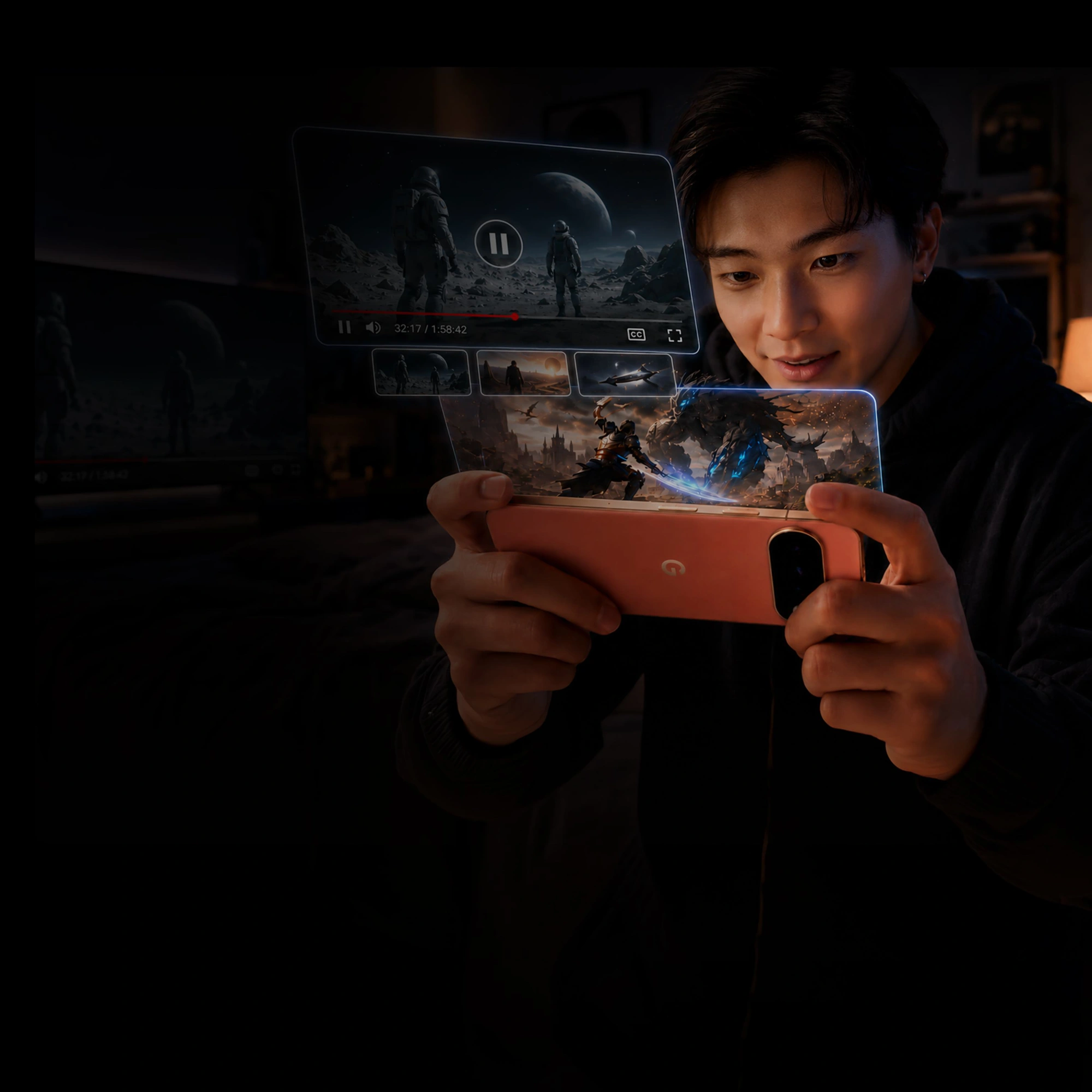 A gamer holding a Google Pixel with immersive content emerging from the transparent Optiqb screen protector